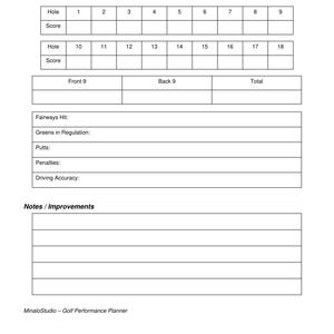 May include: A white golf scorecard and performance tracker with the text "GOLF SCORECARD & PERFORMANCE TRACKER". Includes sections for date, course, player, hole scores, and performance metrics. Designed to track golf stats.