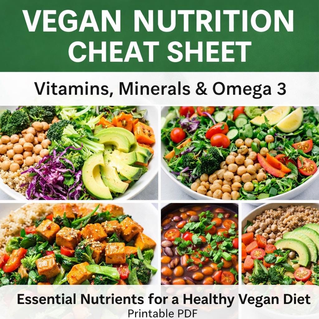 Vegan Nutrition Cheat Sheet Printable PDF | Vitamins, Minerals &amp; Omega 3 Essential Vitamins and ...