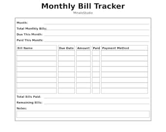 May include: A white printable monthly bill tracker with the title "Monthly Bill Tracker" at the top. The tracker includes sections for bill name, due date, amount, and payment method. It also has fields for total bills paid and remaining bills.