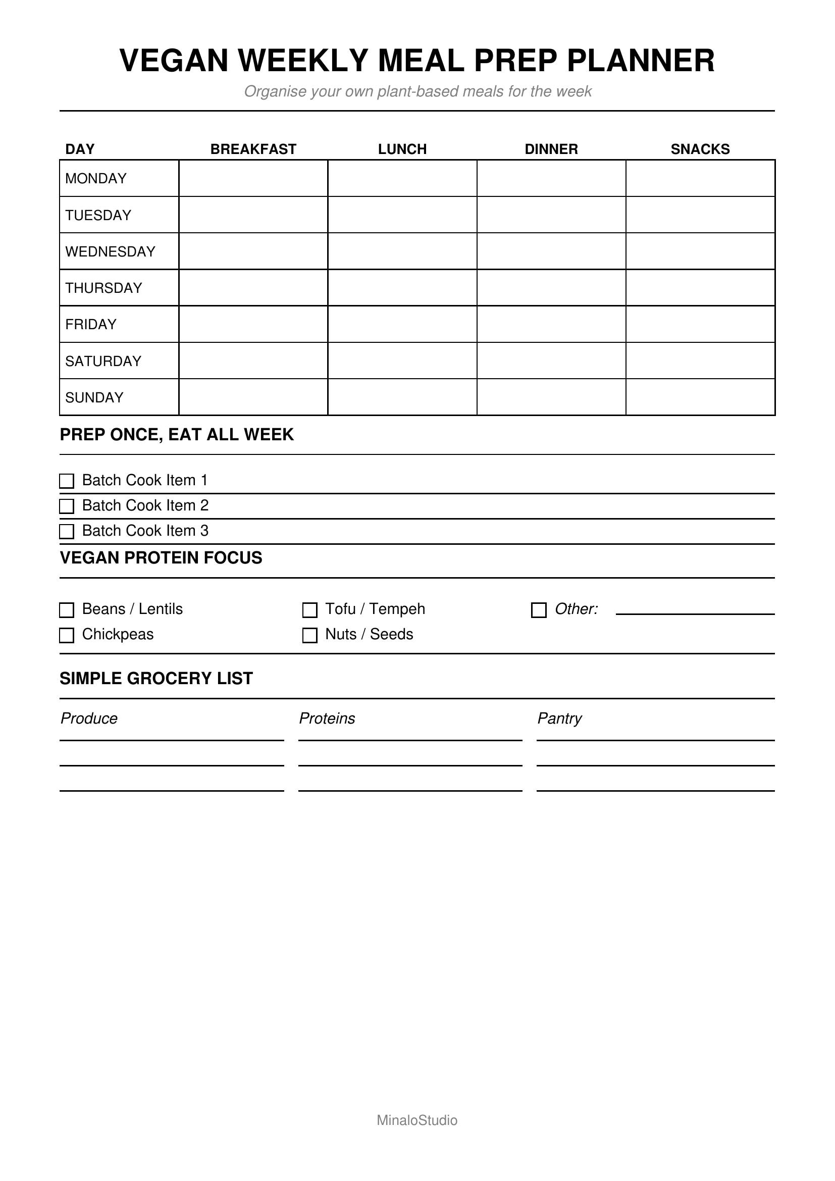 Vegan Weekly Meal Prep Planner Printable | Plant-based Meal Planning ...