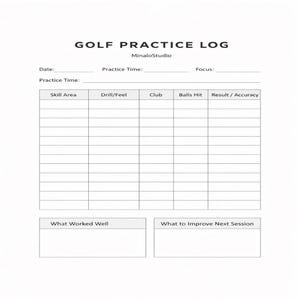 May include: A white Golf Practice Log with the title "GOLF PRACTICE LOG" in black text. The log includes sections for date, practice time, focus, skill area, drill/feel, club, balls hit, and results. It also has sections for notes.