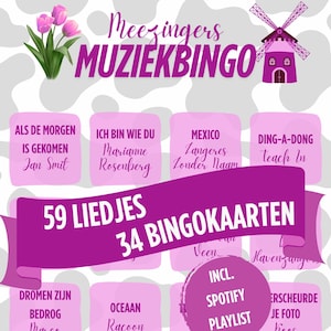 以下が含まれることがあります： 「Meezingers Muziekbingo」の文字が入ったピンクと白のビンゴカード。曲名とアーティスト名、Spotifyプレイリスト、風車のイラストが特徴です。カードの背景は牛柄です。