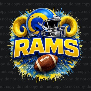 May include: A digital graphic featuring a blue and yellow football helmet and ram horns above the word "RAMS" in bold yellow letters. A brown football is positioned below the text, with a blue and yellow splatter effect on a black background.