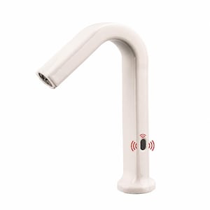May include: A white, curved, touchless tap featuring a dark sensor window on the vertical neck, accented by red signal icons indicating motion detection capabilities. The tap has a smooth, glossy finish and a downward-angled spout design.