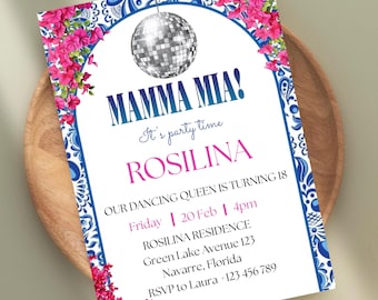 Editable Mamma Mia Birthday Invitation, Mamma Mia Birthday Party Invite, Disco Bougainville Party Invite, Digital Download, Canva