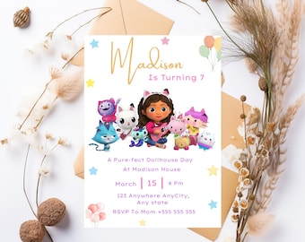 Editable Gabbys Dollhouse Birthday Invitation, Gabby's Kids Birthday Party Template, Pastel Watercolour, Printable Digital Download