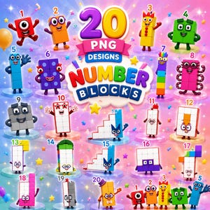 May include: A collection of twenty colorful Numberblocks character illustrations, each labeled with a number from 1 to 20. The image features various block-shaped figures with faces, arms, and legs, set against a vibrant, star-filled background.