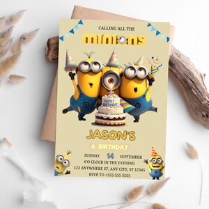 May include: A birthday invitation featuring Minions characters. The invitation has a light yellow background with the text "CALLING ALL THE MINIONS" at the top. The invitation includes the text "JASON'S 6 BIRTHDAY" and party details.