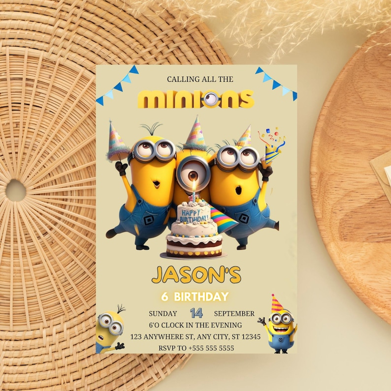 May include: A birthday invitation featuring three Minion characters in blue overalls and party hats. The invitation includes the text "CALLING ALL THE MINIONS" and "JASON'S 6 BIRTHDAY". The date and time are also included.