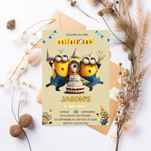 May include: A birthday invitation featuring three Minions characters. The invitation has the text "CALLING ALL THE MINIONS" at the top, and "JASON'S 6 BIRTHDAY" in the center. The invitation includes the date, time, and RSVP information.