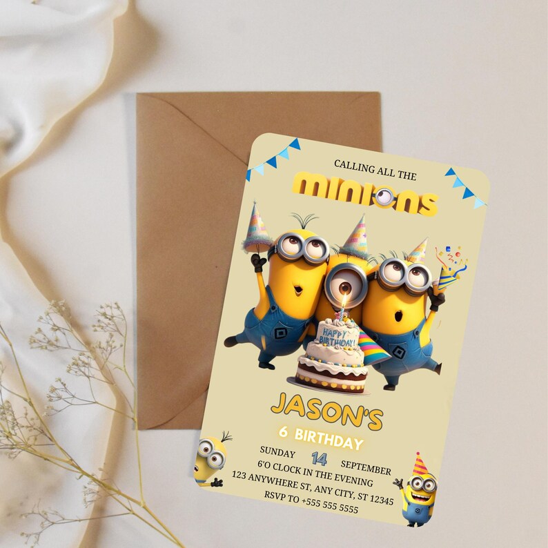 May include: A birthday invitation featuring three Minion characters, a cake with a lit candle, and the text "JASON'S 6 BIRTHDAY". The invitation is light yellow with blue and yellow accents and includes event details.