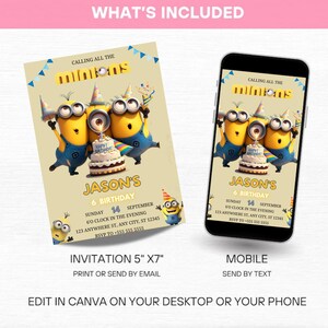 May include: A birthday invitation featuring Minions characters, a cake, and the text "JASON'S 6 BIRTHDAY." The invitation is 5" x 7" and also displayed on a mobile phone. The invitation includes the date, time, and RSVP information.