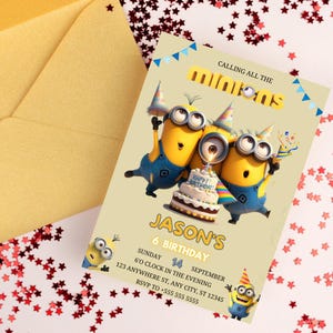 May include: A birthday invitation featuring Minions characters. The invitation has the text "CALLING ALL THE MINIONS" at the top, with "JASON'S 6 BIRTHDAY" in the center. The date and time are also included.