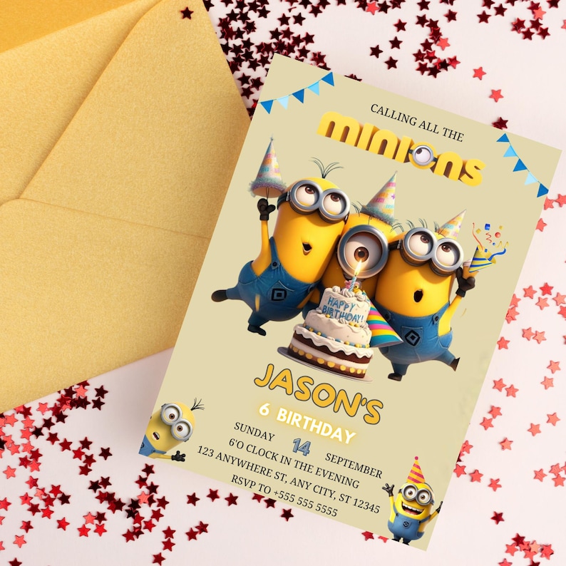 May include: A birthday invitation featuring Minions characters. The invitation has the text "CALLING ALL THE MINIONS" at the top, with "JASON'S 6 BIRTHDAY" in the center. The date and time are also included.