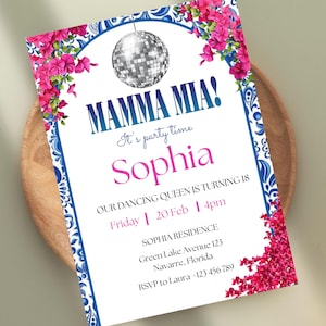 Bewerkbare Mamma Mia verjaardagsuitnodiging, Mamma Mia verjaardagsfeestje uitnodigen, disco bougainville feestuitnodiging, digitale download, Canva