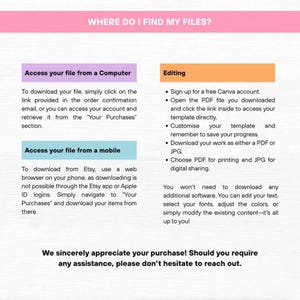 May include: A digital guide with instructions on how to access and edit files. The guide includes steps for downloading files from a computer or mobile device, and editing instructions using Canva. The text is on a white background with pink, purple, and orange accents.