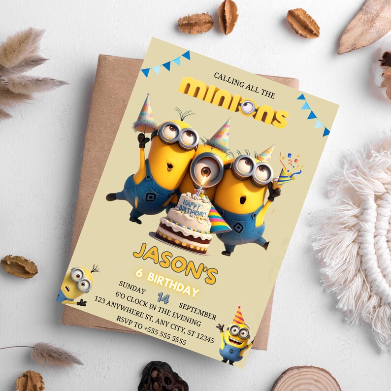 May include: A birthday invitation featuring Minion characters. The invitation has a light yellow background with the text "CALLING ALL THE minions". It includes a cake with a lit candle and the text "HAPPY BIRTHDAY!" and "JASON'S 6 BIRTHDAY".