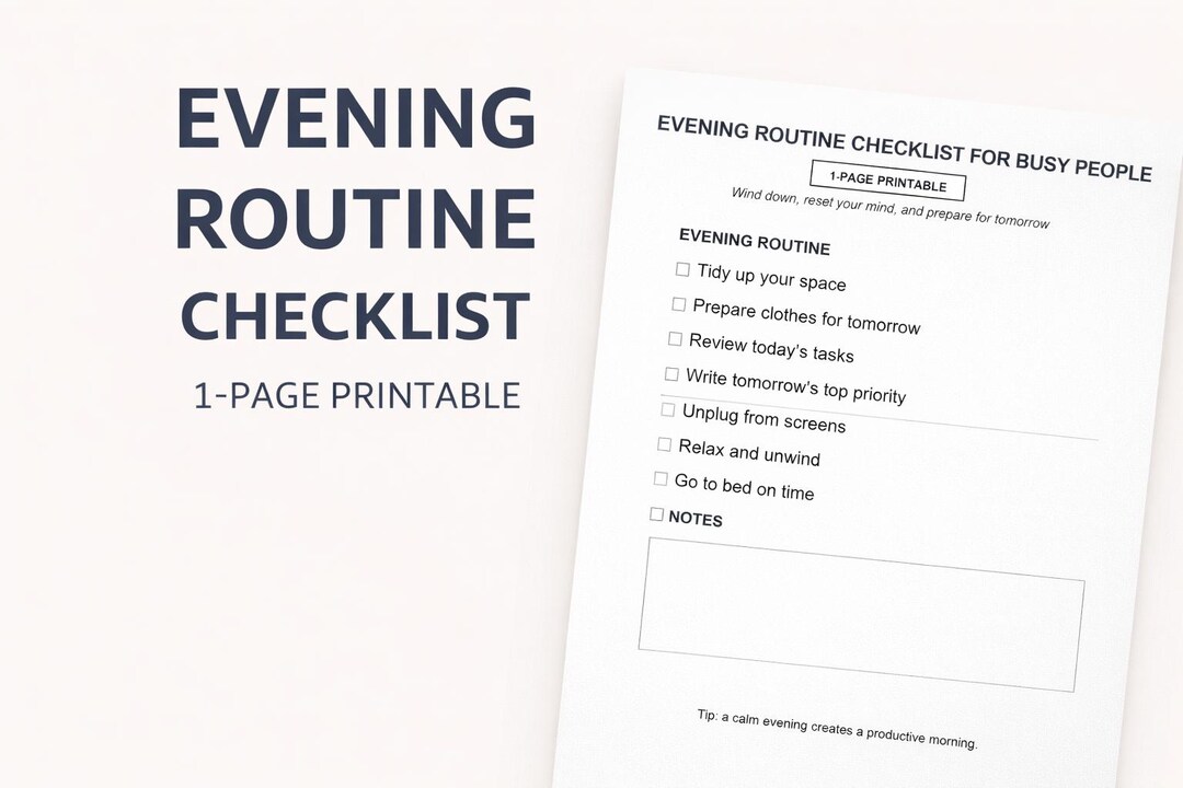 Evening Routine Checklist for Busy People | 1-page Printable Night ...