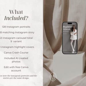 K&ouml;nnte beinhalten: Ein digitales Marketing-Vorlagenset mit Text, der 128 Instagram-Portr&auml;ts, 128 passende Stories, 53 Karussell-Posts, 61 Highlight-Cover und einen Canva-Kurs auflistet. Ein Smartphone zeigt eine Grafik einer Person in einem wei&szlig;en Blazer.