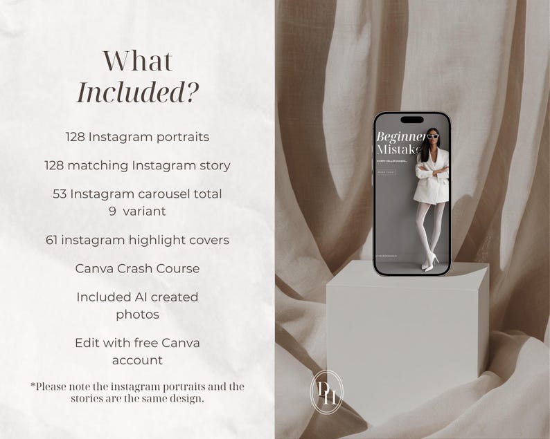K&ouml;nnte beinhalten: Ein digitales Marketing-Vorlagenset mit Text, der 128 Instagram-Portr&auml;ts, 128 passende Stories, 53 Karussell-Posts, 61 Highlight-Cover und einen Canva-Kurs auflistet. Ein Smartphone zeigt eine Grafik einer Person in einem wei&szlig;en Blazer.