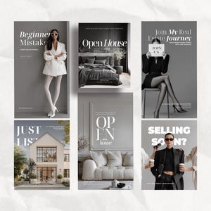 K&ouml;nnte beinhalten: Eine Sammlung von sechs digitalen Marketingvorlagen f&uuml;r Immobilien mit verschiedenen Layouts und Text&uuml;berlagerungen wie Beginner Mistakes, Open House, Join My Real Estate Journey, Just Listed und Selling Soon auf einem wei&szlig;en Papierhintergrund.