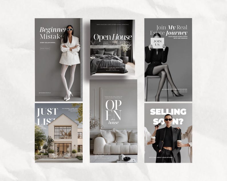 K&ouml;nnte beinhalten: Eine Sammlung von sechs digitalen Marketingvorlagen f&uuml;r Immobilien mit verschiedenen Layouts und Text&uuml;berlagerungen wie Beginner Mistakes, Open House, Join My Real Estate Journey, Just Listed und Selling Soon auf einem wei&szlig;en Papierhintergrund.