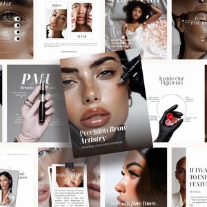 Peut inclure: Un collage d'images promotionnelles pour les services de maquillage permanent. Les images présentent des résultats avant/après, des options de pigments et des informations sur l'art des sourcils. Le texte comprend "Precision Brow Artistry".