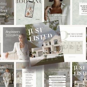 May include: A collection of images with text related to property. The images include text such as "Finding Your Perfect Home", "Just Listed", and "Home Buying Tips". The colour palette is neutral with shades of white, beige, and green.