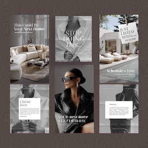K&ouml;nnte beinhalten: Eine Sammlung von sechs digitalen Social-Media-Vorlagen mit einer neutralen Farbpalette. Die Designs enthalten Text&uuml;berlagerungen wie This Could Be Your Next Home, Stop Doing This, Just Listed, Client Love, Your Next Move Starts Now und Personal.