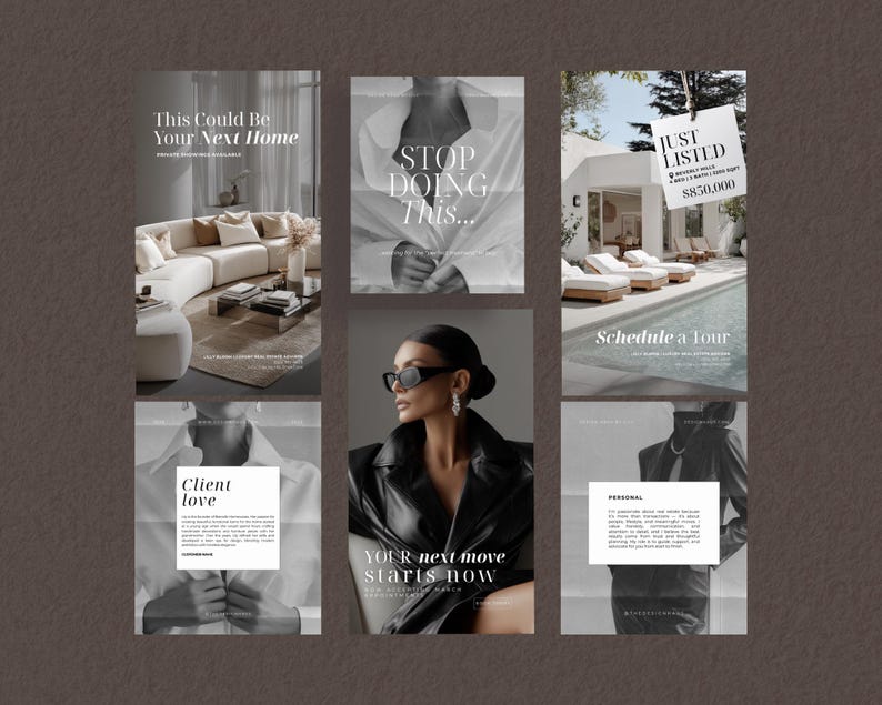 K&ouml;nnte beinhalten: Eine Sammlung von sechs digitalen Social-Media-Vorlagen mit einer neutralen Farbpalette. Die Designs enthalten Text&uuml;berlagerungen wie This Could Be Your Next Home, Stop Doing This, Just Listed, Client Love, Your Next Move Starts Now und Personal.