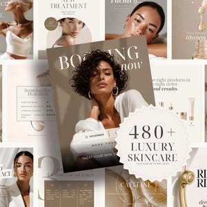 May include: A collection of 480+ luxury skincare Instagram templates featuring various layouts with neutral beige tones, typography, and imagery of individuals, skincare products, glass vials, and serum droppers for social media content.
