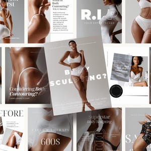 Op de afbeelding: Een collage van afbeeldingen die body contouring-diensten promoten. De afbeeldingen tonen modellen in witte lingerie, tekstoverlays met zinnen als "Body Sculpting?" en "Before", en diagrammen die de procedures illustreren. De algehele esthetiek is strak en modern.