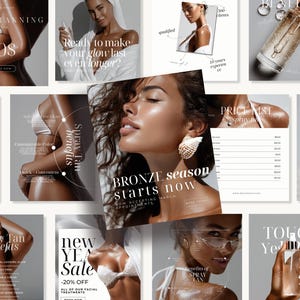Könnte beinhalten: Eine Collage von Werbebildern für Spray-Tanning-Dienstleistungen. Die Bilder zeigen Modelle mit gebräunter Haut, Produktflaschen und Text wie "Spray Tanning", "Bronze season starts now" und "New Year Sale -20% Off."