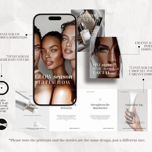 Pode incluir: Imagem promocional de produtos para cuidados com a pele. A imagem apresenta um smartphone exibindo uma campanha de beleza com o texto "GLOW season starts now". Gr&aacute;ficos adicionais incluem fotos de produtos e texto.
