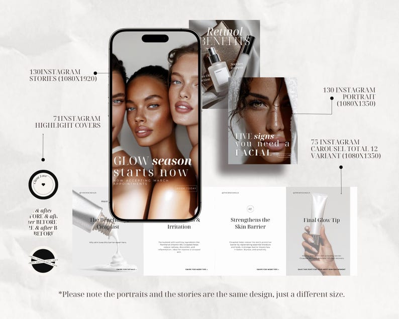 Pode incluir: Imagem promocional de produtos para cuidados com a pele. A imagem apresenta um smartphone exibindo uma campanha de beleza com o texto "GLOW season starts now". Gr&aacute;ficos adicionais incluem fotos de produtos e texto.