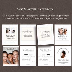 Pode incluir: Uma apresenta&ccedil;&atilde;o de cuidados com a pele com o texto "Storytelling in Every Swipe". A apresenta&ccedil;&atilde;o inclui v&aacute;rios slides com texto e imagens, promovendo servi&ccedil;os e produtos de cuidados com a pele. Os slides apresentam frases como "Healthy & Radiant Skin" e "Your Glow Menu."