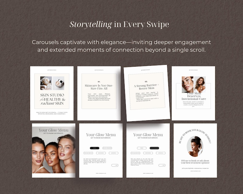 Pode incluir: Uma apresenta&ccedil;&atilde;o de cuidados com a pele com o texto "Storytelling in Every Swipe". A apresenta&ccedil;&atilde;o inclui v&aacute;rios slides com texto e imagens, promovendo servi&ccedil;os e produtos de cuidados com a pele. Os slides apresentam frases como "Healthy & Radiant Skin" e "Your Glow Menu."