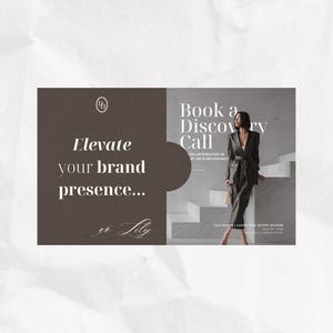 K&ouml;nnte beinhalten: Eine rechteckige Marketinggrafik mit einem dunkelbraunen linken Bereich mit dem Text Elevate your brand presence und so Lily. Der rechte Bereich zeigt eine Person in einem dunklen Anzug auf einer Treppe mit dem Text Book a Discovery Call.