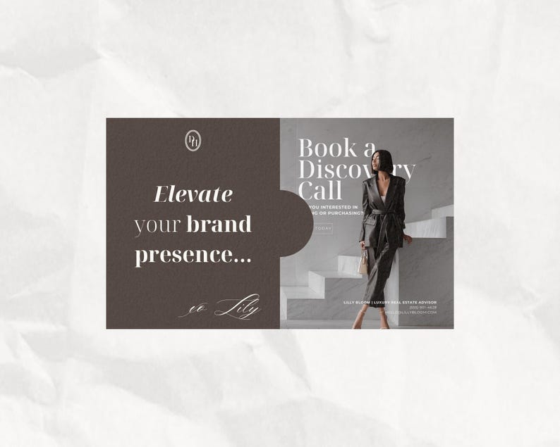 K&ouml;nnte beinhalten: Eine rechteckige Marketinggrafik mit einem dunkelbraunen linken Bereich mit dem Text Elevate your brand presence und so Lily. Der rechte Bereich zeigt eine Person in einem dunklen Anzug auf einer Treppe mit dem Text Book a Discovery Call.