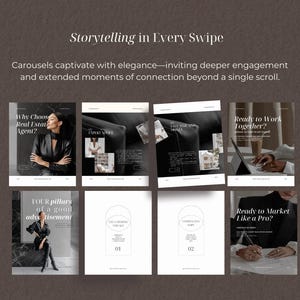 K&ouml;nnte beinhalten: Ein digitales Marketing-Vorlagenset f&uuml;r Social-Media-Karussells mit acht quadratischen Layouts in Wei&szlig;- und Dunkelgraut&ouml;nen. Die Designs enthalten Text&uuml;berlagerungen wie Storytelling in Every Swipe, Why Choose Real Estate Agent und Ready to Work Together sowie fotografische Elemente aus professionellen Umgebungen.