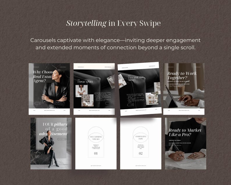 K&ouml;nnte beinhalten: Ein digitales Marketing-Vorlagenset f&uuml;r Social-Media-Karussells mit acht quadratischen Layouts in Wei&szlig;- und Dunkelgraut&ouml;nen. Die Designs enthalten Text&uuml;berlagerungen wie Storytelling in Every Swipe, Why Choose Real Estate Agent und Ready to Work Together sowie fotografische Elemente aus professionellen Umgebungen.