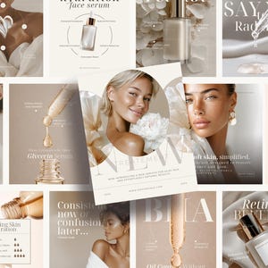 Peut inclure: Un collage de publicités pour des produits de beauté mettant en vedette des femmes et des produits de soin de la peau. Les publicités présentent des sérums, des hydratants et des soins du visage. La palette de couleurs est neutre avec des tons beige, blanc et or.