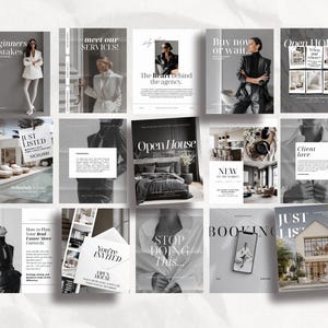K&ouml;nnte beinhalten: Eine Sammlung von vierzehn Social-Media-Vorlagen f&uuml;r Immobilienmarketing mit monochromer Fotografie, eleganter Typografie und Layouts f&uuml;r Immobilienangebote, Einladungen zu Besichtigungen und Branding.