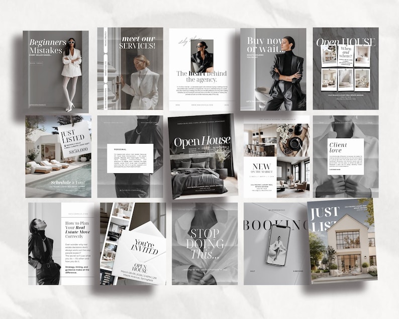 K&ouml;nnte beinhalten: Eine Sammlung von vierzehn Social-Media-Vorlagen f&uuml;r Immobilienmarketing mit monochromer Fotografie, eleganter Typografie und Layouts f&uuml;r Immobilienangebote, Einladungen zu Besichtigungen und Branding.