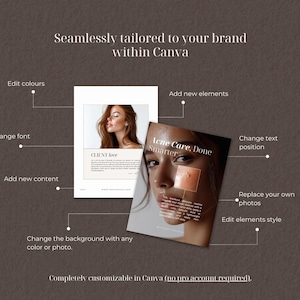 Pode incluir: Imagem promocional com o texto "Feito sob medida para sua marca dentro do Canva". A imagem mostra duas maquetes de materiais de marketing com o texto "Acne Care, Done Smarter" e "Client Love". A imagem tamb&eacute;m inclui instru&ccedil;&otilde;es.