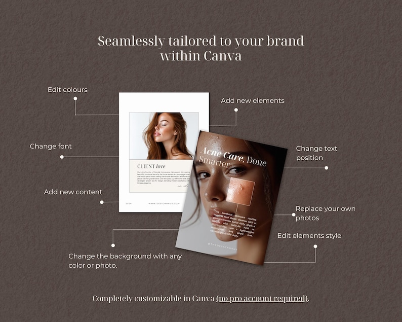 Pode incluir: Imagem promocional com o texto "Feito sob medida para sua marca dentro do Canva". A imagem mostra duas maquetes de materiais de marketing com o texto "Acne Care, Done Smarter" e "Client Love". A imagem tamb&eacute;m inclui instru&ccedil;&otilde;es.