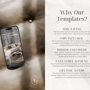 K&ouml;nnte beinhalten: Ein Smartphone zeigt eine digitale Vorlage mit dem Text This Could Be Your Next Home auf einer braunen Lederoberfl&auml;che. Rechts listet der Text Vorteile auf, darunter Time-Saving, Copy Included, Photos and Videos, Canva Free Account und Lifetime Access.