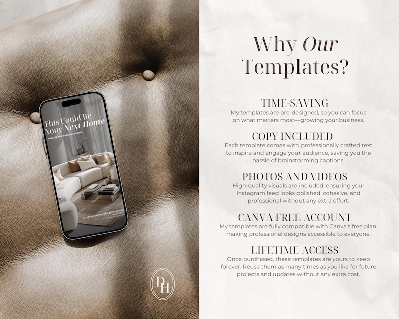 K&ouml;nnte beinhalten: Ein Smartphone zeigt eine digitale Vorlage mit dem Text This Could Be Your Next Home auf einer braunen Lederoberfl&auml;che. Rechts listet der Text Vorteile auf, darunter Time-Saving, Copy Included, Photos and Videos, Canva Free Account und Lifetime Access.