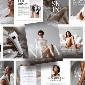 May include: A collage of promotional images for laser hair removal and skincare services. The images feature models, text, and a laser hair removal device. The color palette is neutral with white, gray, and beige tones.