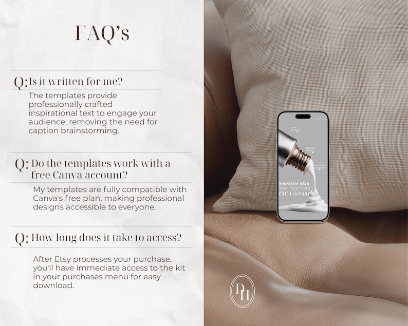 Pode incluir: Um smartphone exibe um an&uacute;ncio de produto para um s&eacute;rum CICA, com um l&iacute;quido branco fluindo de um tubo met&aacute;lico. A imagem &eacute; definida contra um fundo neutro com o texto "FAQ's".